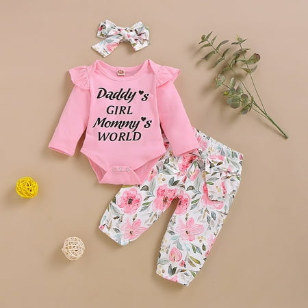 

Augper Baby Girl Clothes Long Sleeve Fall Winter Clearance 3Pcs Newborn Baby Girls Infant Clothes Set Letter Romper Floral Pants Outfits