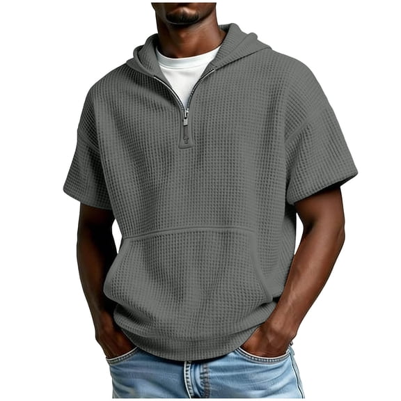 Hurxie Men's Short Sleeve Hoodie Workout Gym Athletic Cotton Lightweight Hooded T Shirts Sweatshirt Gray,M