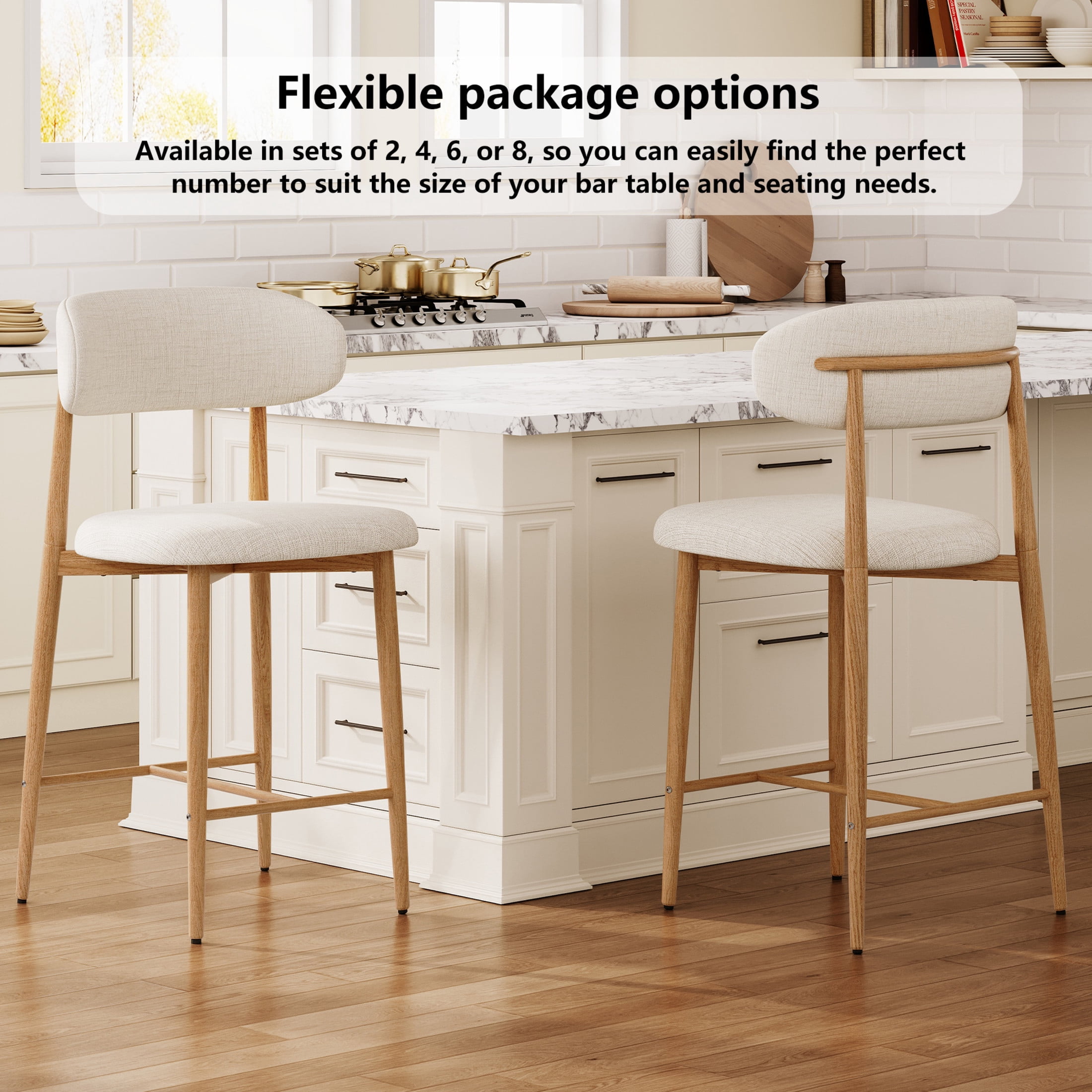 Noble House Counter Bar Stools, Upholstered Stools with Metal Legs, Ergonomic Kitchen Island Chairs, Beige, Set of 2