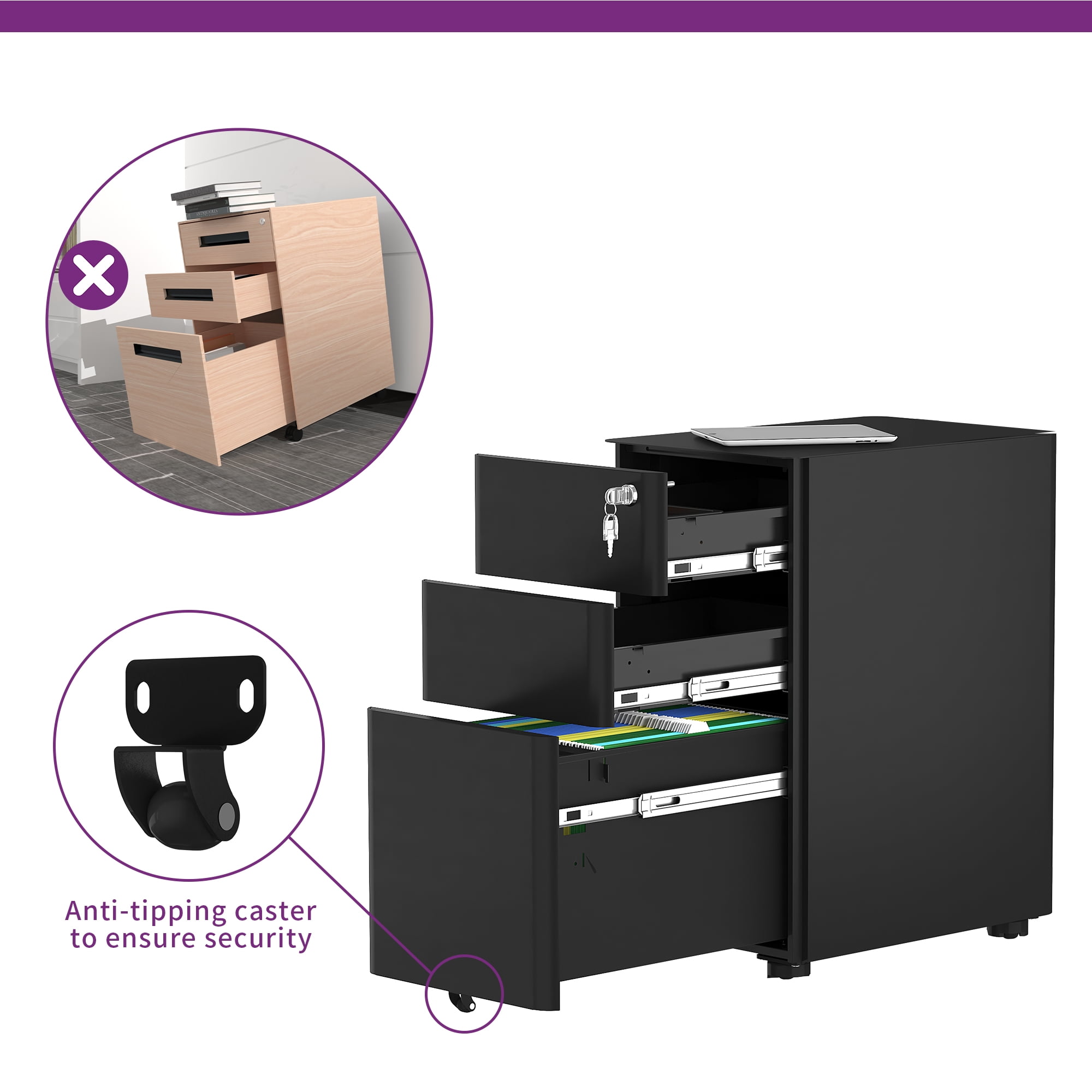 Dextrus 3-Drawer Metal Office Filing Cabinet - Compact & Portable File Storage with Lock and Keys for A4, Letter & Legal Documents, Sleek Black Finish