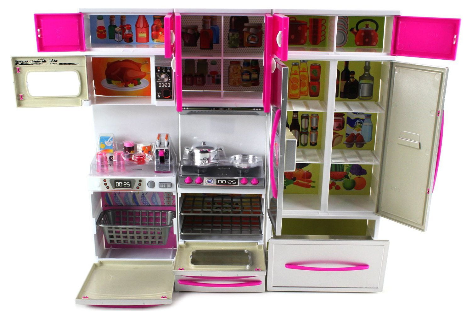 PlayWorld Kitchen Connection My Modern Kitchen Full Deluxe Kit Battery Operated Kitchen Playset: Refrigerator, Stove, Microwave - Pink & Silver