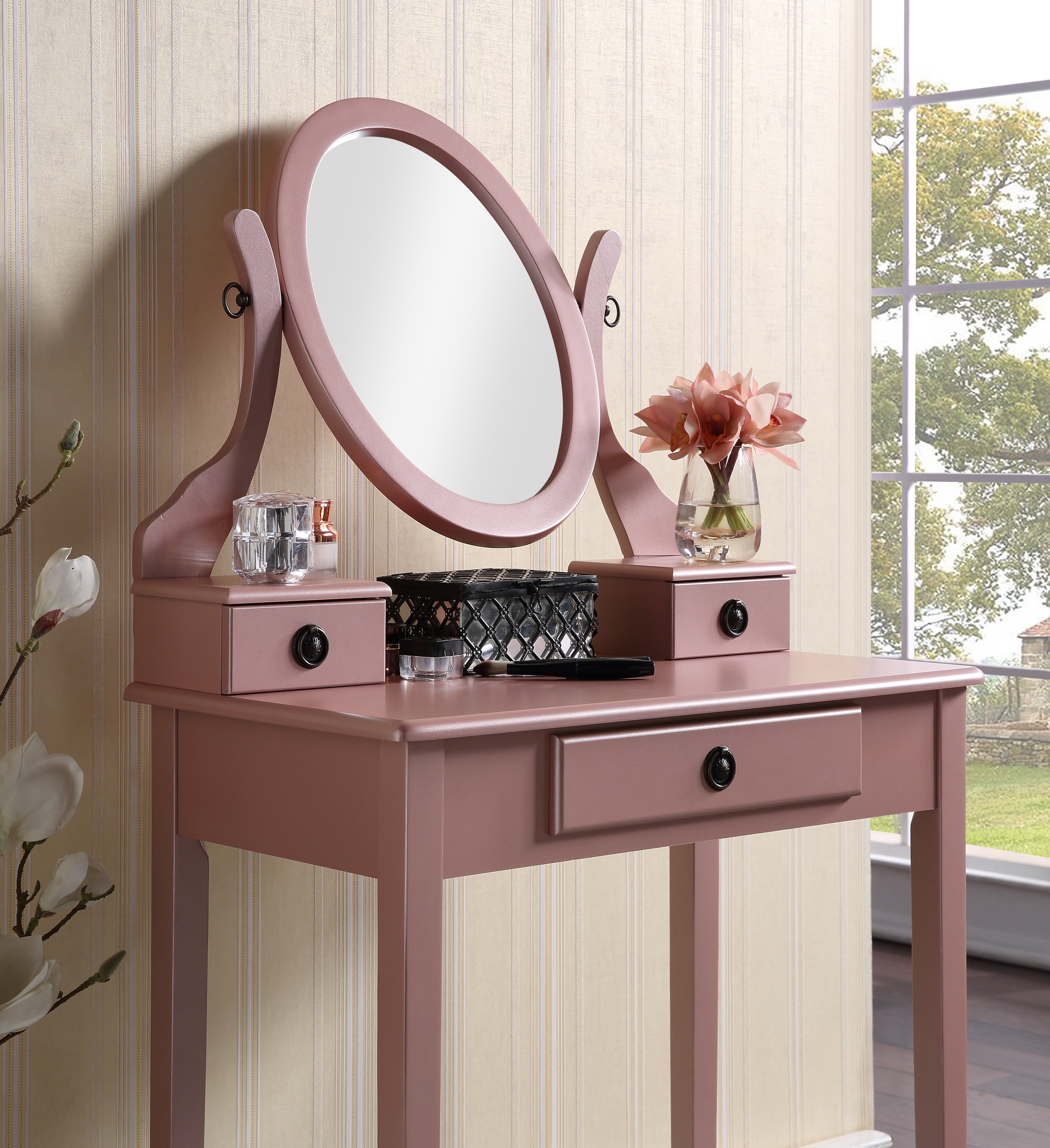 Mintazer Vanity Table Set with Adjustable Oval Mirror & Cushioned Stool, Makeup Dressing Table with 3 Drawer for Bedroom, Rose Gold