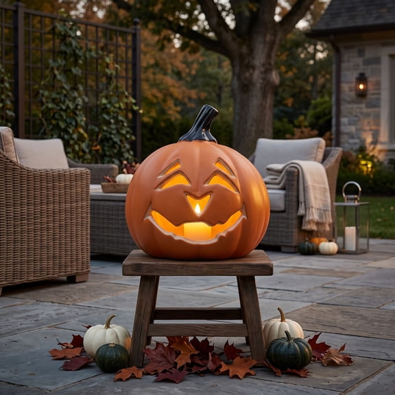 Halloween Large Pumpkin Decoration, Halloween Jack O Lantern Pumpkin Light with Hollow Glowing Design, Pumpkin Ornament for Window Display Yard Indoor Outdoor Holiday Party Decor