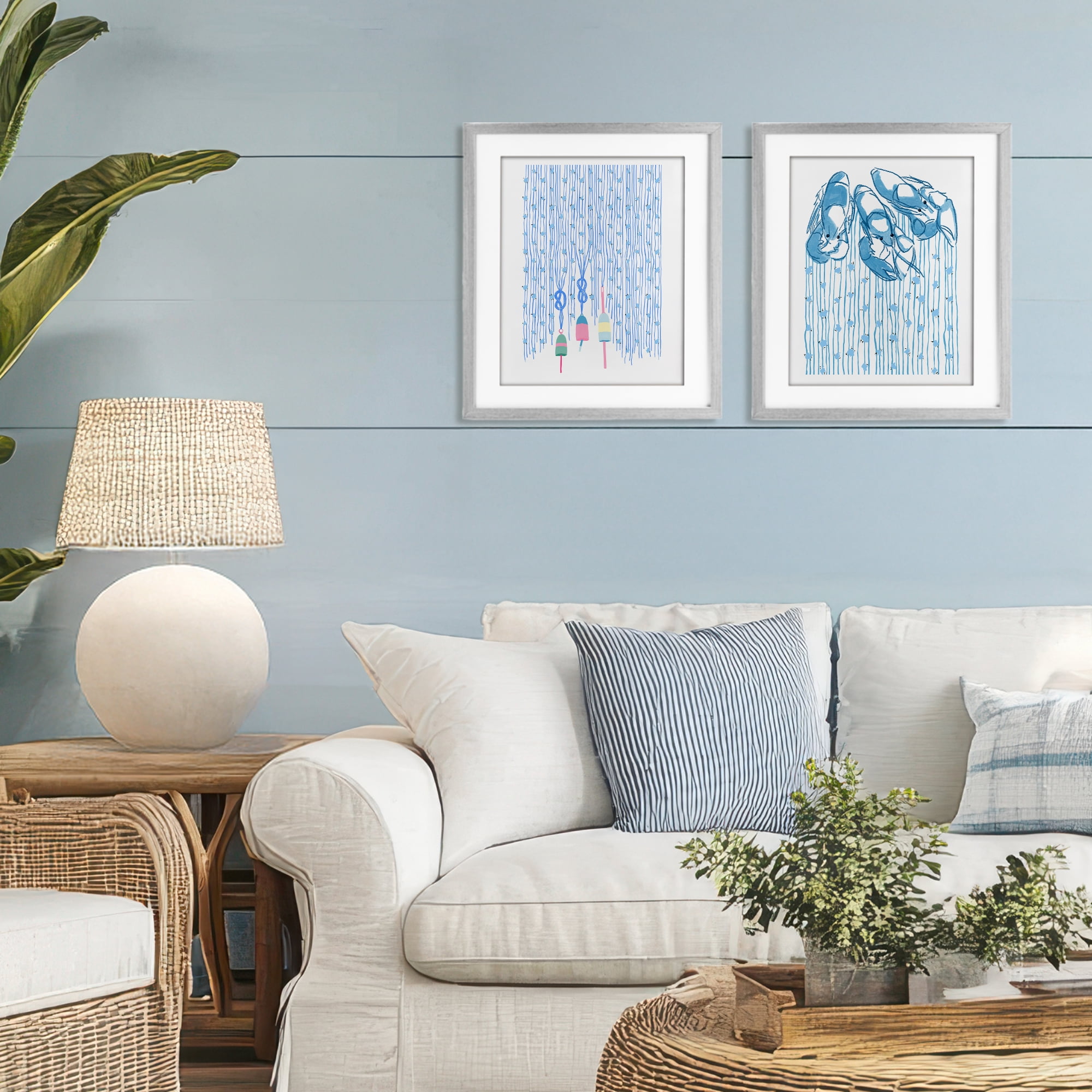 Stupell Industries Nautical Buoys & Lobsters 2 Piece Gray Framed Print Under Glass Set, design by Melissa Tilley