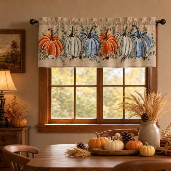 Fall Pumpkin Kitchen Curtains Valances Thanksgiving Harvest Design for Windows Valances Rod Pocket Curtain Valance for Bathroom Living Room Cafe 54x18 inch Window Treatment for Home Decor