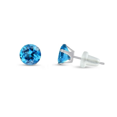 Citrine Crown Earrings - Round 5mm 10k White Gold Genuine Swiss Blue Topaz Stud Earrings, December Birthstone, (1.12 cttw)