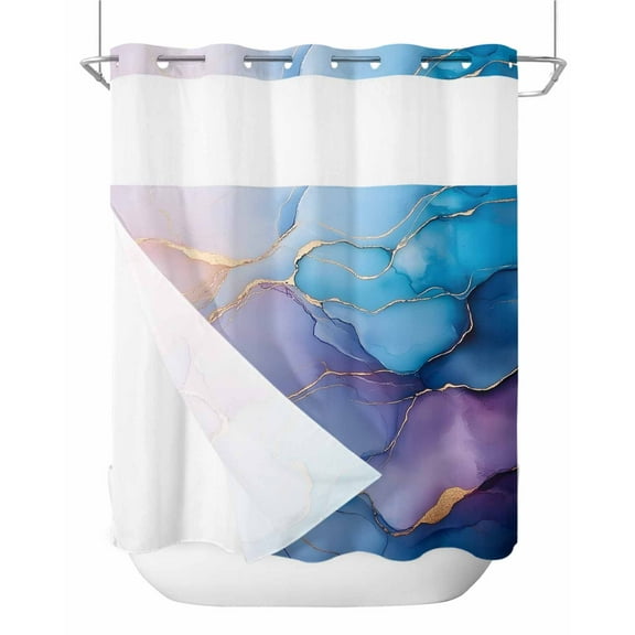 No Hook Shower Curtains with Snap in Liner, Marble Blue Purple Waterproof Fabric Shower Curtain, Modern Abstract Art Ink Painting Double Layers & See-Through Top Window Bathroom Curtains 66''x72''