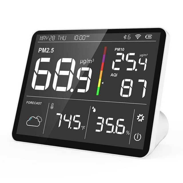 Temtop Air Station P100 Series Air Quality Monitor PM2.5 AQI CO2 Tester with a 7.8-inch touch screen displaying PM2.5 at 68.9 µg/m3, PM10 at 25.4 µg/m3, AQI at 87, temperature at 74.5°F, and humidity at 35.6%. The device features a colourful air quality indicator, weather forecast icons, and professional-grade sensors for monitoring air quality, temperature, and humidity. Ideal for home use to ensure a healthy environment.