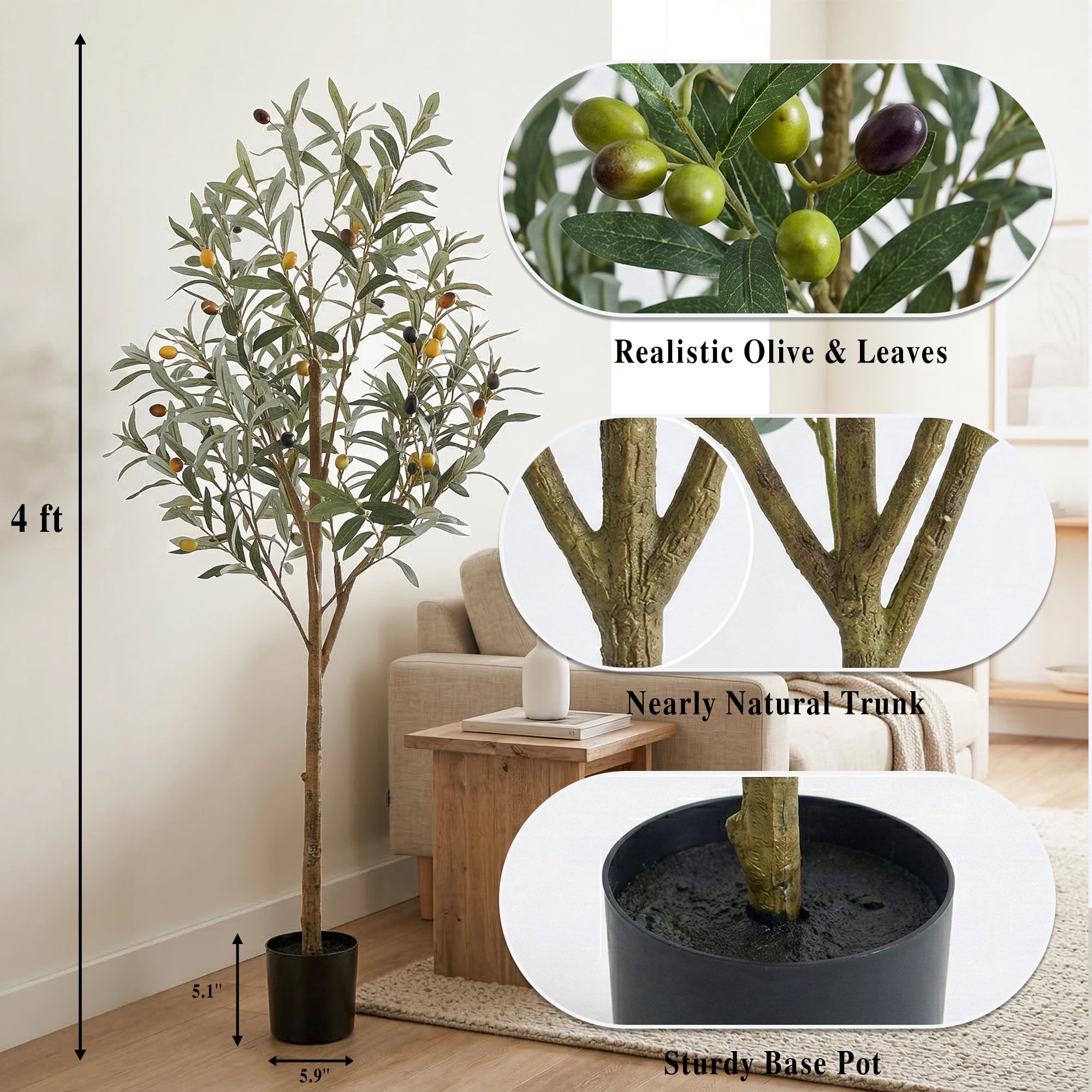 Verdelure 4FT Artificial Olive Tree with Lifelike Fruits Fake Olive Plant Potted Indoor Faux Floor Plant for Home Office Decor