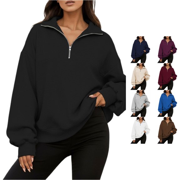 MEZZALL Women Sweatshirts Solid Color Long Sleeve Half Zip Lapel Collar Pullover Casual Loose Fit Outerwear Tops Autumn Winter Fashion Comfortable Soft Basic Daily Outdoor Cozy Travel