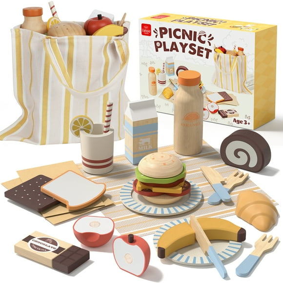 Wooden Play Food Sets for Kids Kitchen, Pretend Food Toys for Toddlers 3-5, Pretend Picnic Play Set, Toy for 3+ 4 5 6 Year Old Girls