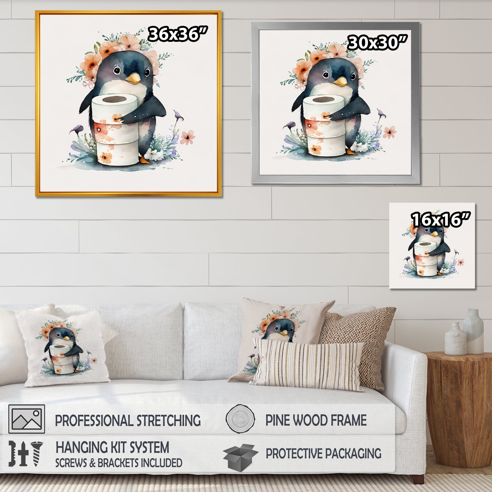 Designart Penguin With Roll Of Toilet Paper And Flowers Canvas Wall Art