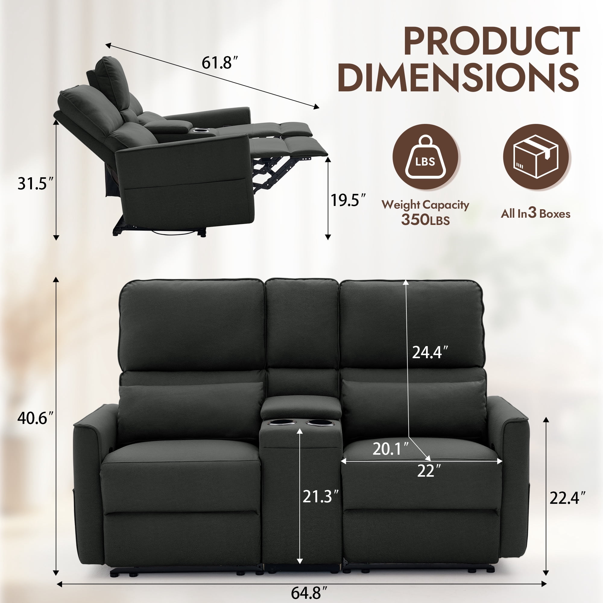 Korser 2-Seater Recliner Sofa with Pillow,Double Recliner Loveseat with Storage Console, Side Pockets, Cup Holders Manual Recliner Sofa for Living Room,Black
