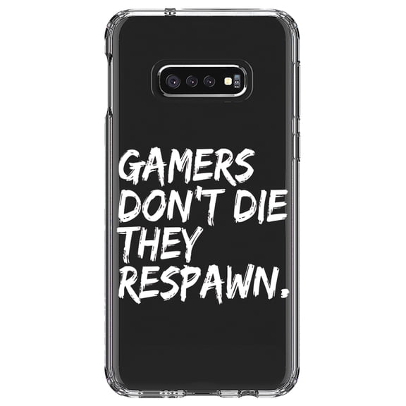 DistinctInk Clear Shockproof Hybrid Case for Samsung Galaxy S10e (5.8" Screen) - TPU Bumper Acrylic Back Tempered Glass Screen Protector - Gamers Don't Die They Respawn.