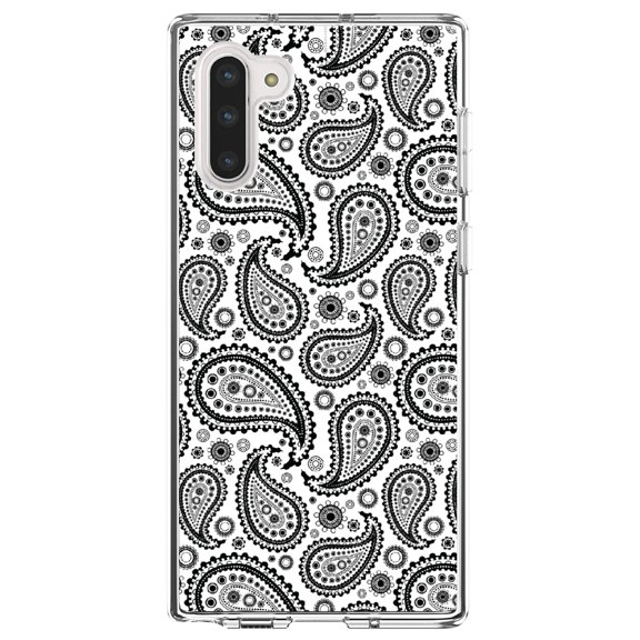 DistinctInk Clear Shockproof Hybrid Case for Samsung Galaxy Note 10 (6.3" Screen) - TPU Bumper, Acrylic Back, Tempered Glass Screen Protector - Black & White Paisley