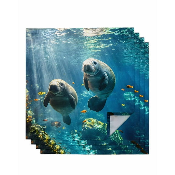 nqOlkjepod Tropical Ocean Sea Lion Cloth Napkins Set of 4 Reusable Dinner Napkins, Coastal Animal Fish Coral Cocktail Napkin Washable Table Napkins for Wedding/Holiday Party/Baby Shower 20"x20"