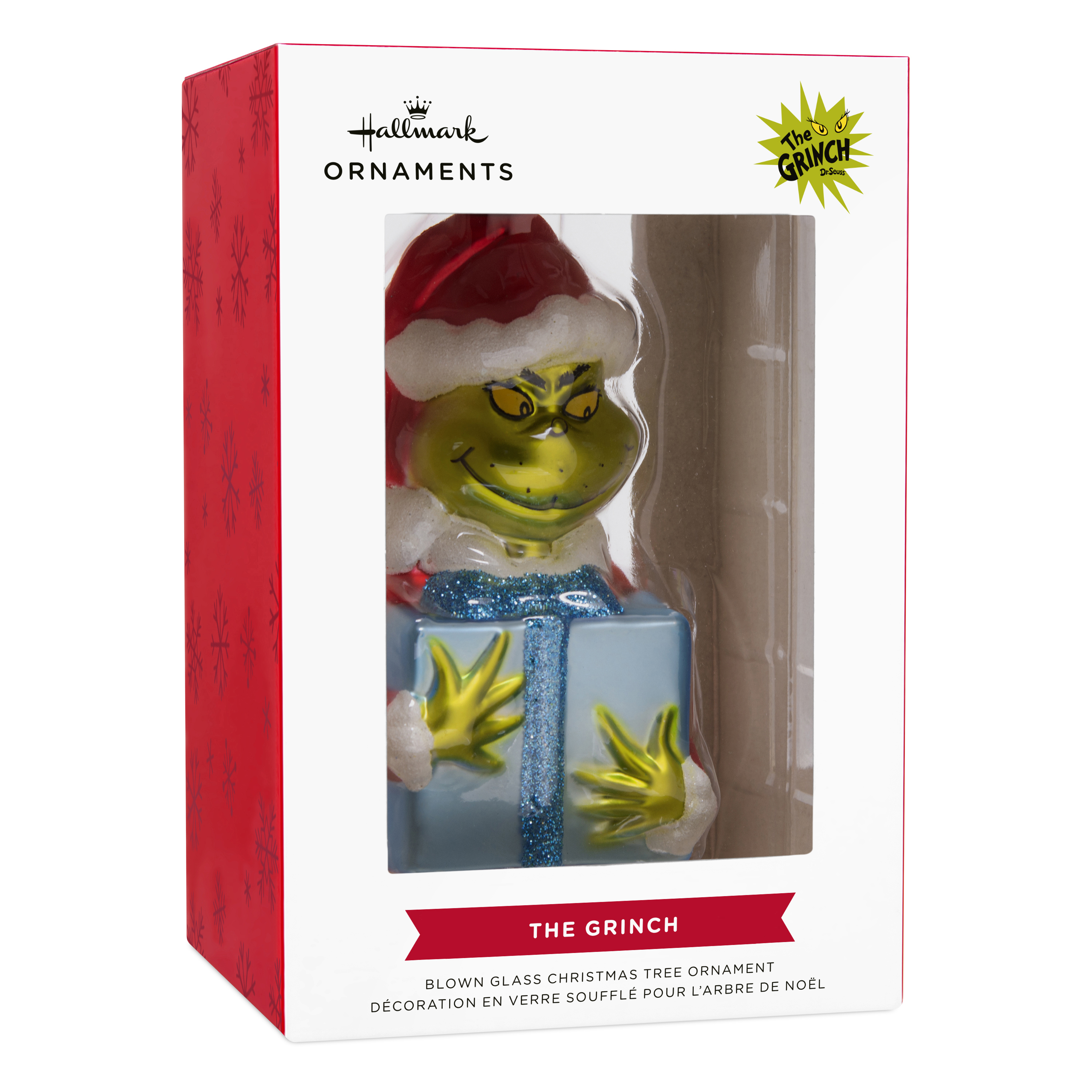 Décoration Hallmark de Noël (Le Grinch avec cadeau, Comment le Grinch a volé Noël ! de Dr. Seuss, en verre soufflé)