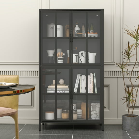 63" H Storage Pantry Buffet Cabinet Premium Black Metal Accent Chest with Tempered Glass Doors Adjustable Shelves Anti-Tipping Device for Living Room Bedroom Kitchen Office