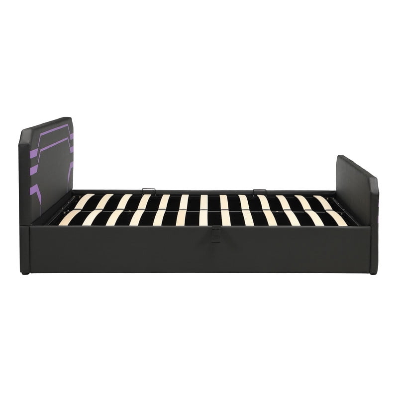 Queen Size PU Leather Gaming Bed Frame with Hydraulic Storage, Cyberpunk Style Platform Bed with Futuristic Pattern Headboard