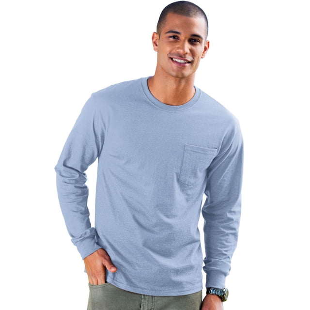 Hanes Mens TAGLESS Long-Sleeve T-Shirt with Pocket, L, Light Blue