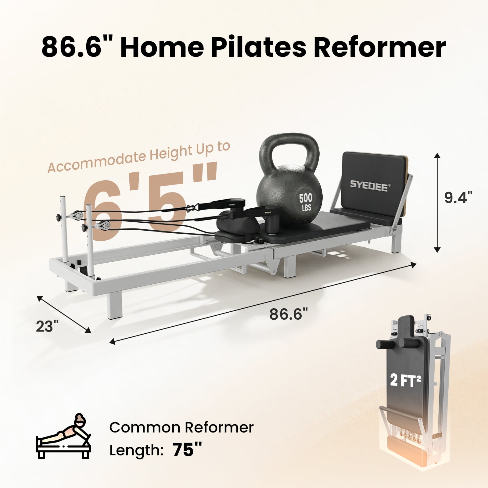 Syedee 86.6” Foldable Pilates Equipment, Pilates Reformer Machine Suitable For Height Over 5'7 '', Pilates Exercise Equipment with Jump Board For Home Gym, 110lbs resistance 5 Springs