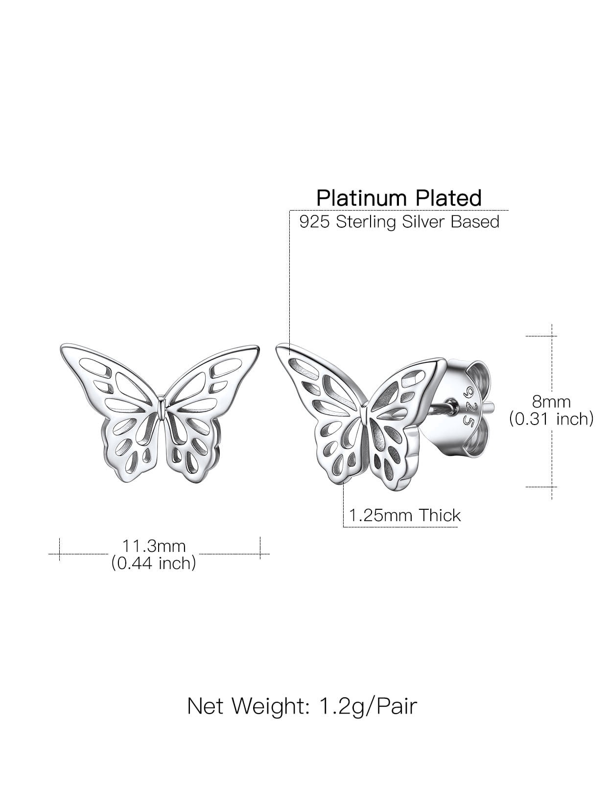 Suplight 925 Sterling Silver Hollowed Out Butterfly Stud Earrings, Dainty Butterfly Earrings for Women