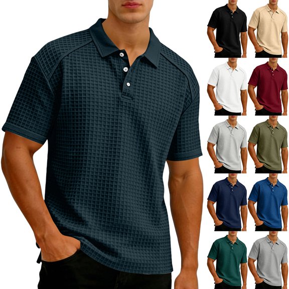 BRANROY Men's Button Down Short Sleeve - Polo Shirts for Men, Lightweight Waffle Knit Summer Golf Tops Casual Beach Vacation Shirts,Army Green L