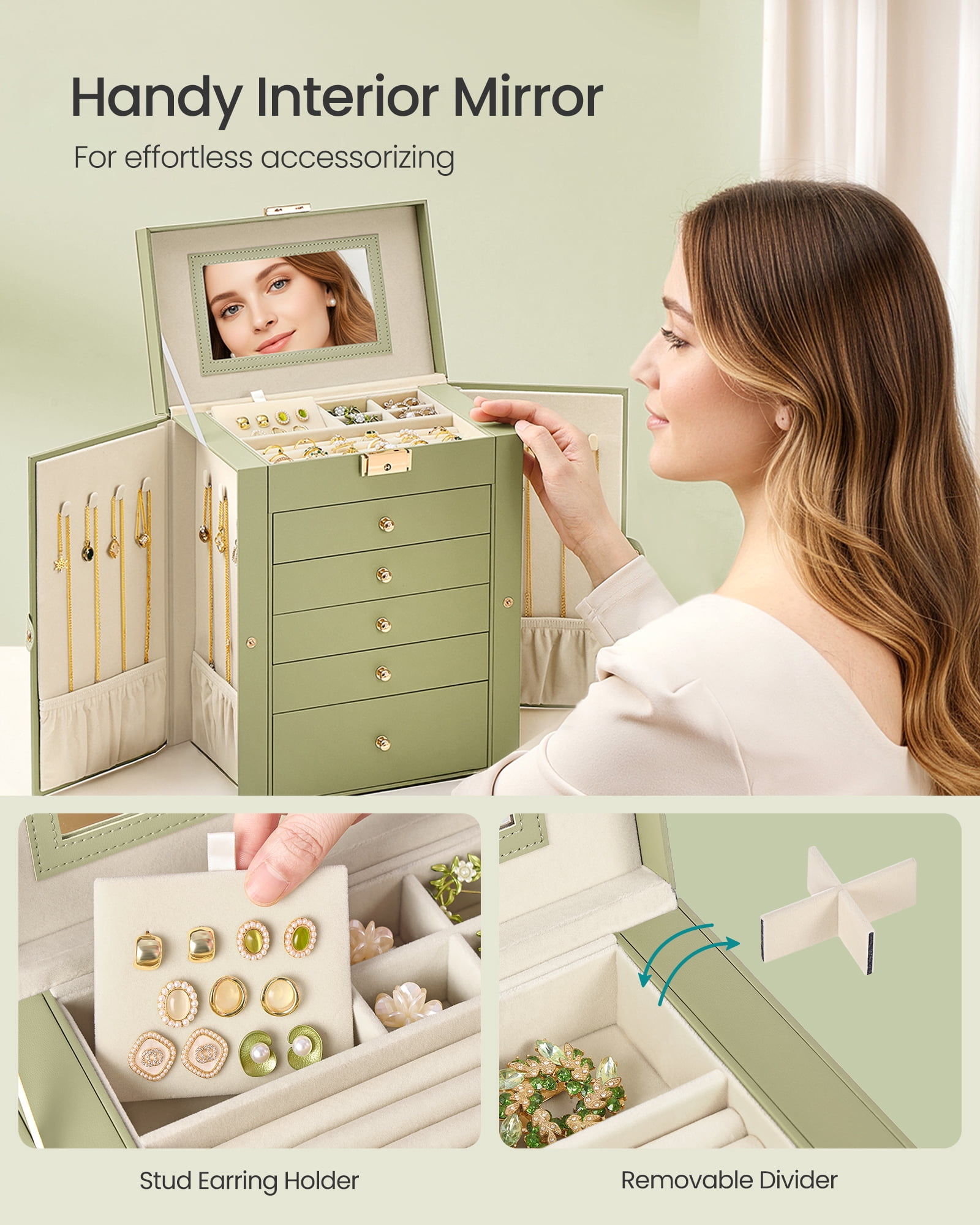 SONGMICS 6-Layer Jewelry Box Organizer with 5 Drawers, Jewelry Storage Case with Lock and Mirror, Large Storage Capacity, Gift for Loved Ones, for Necklaces, Watches, Sage Green
