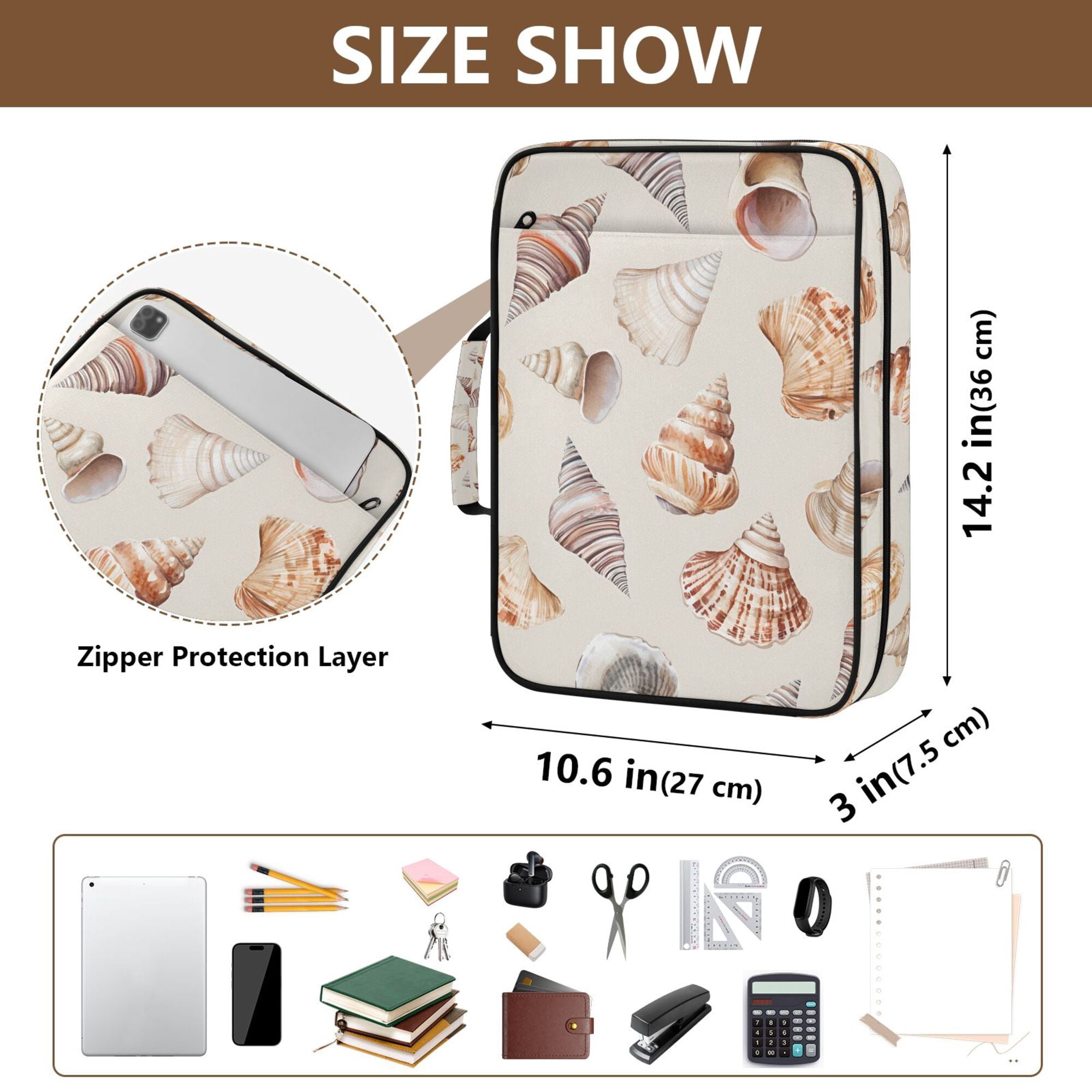 FORMRS Accordion File Folder A4 Size 7-Pocket Expanding Document Organizer Bag with 3 Ring Binder, Red Watercolor Seashells