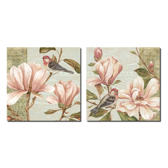 Magnolia Collage I Lovely, Vintage Pink Magnolias and Song Bird; Two 12x12 Poster Prints