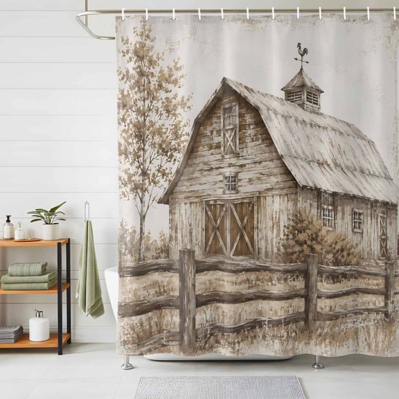 Vintage Farmhouse Shower Curtains for Bathroom, Rustic Wooden Barn House Beige Waterproof Fabric Shower Curtain, Decorative Bathroom Curtain for Bathtub, 36"x72", No Hooks Included
