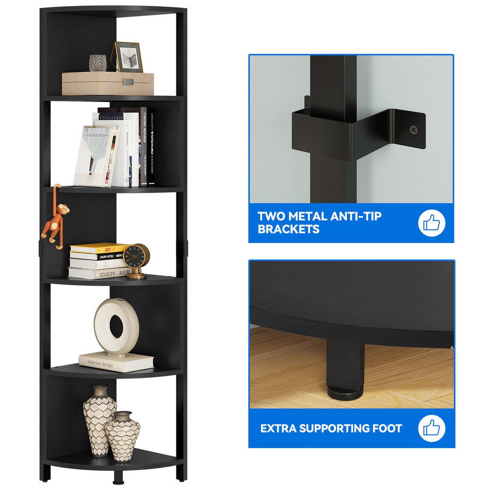 Dextrus 6-Tiers Corner Shelf, Narrow Open Shelf, Modern Corner Bookshelf & Bookcase, Corner Storage Rack Plant Stand for Home Office,Black