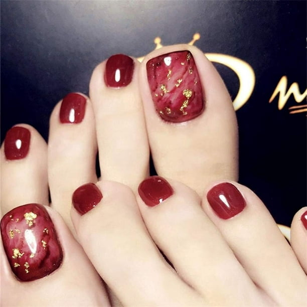 Cuadrado dedo del pie mangado prensado en las uñas rojo corto brillante falso pies uñas cubierta completa lentejuelas falso dedo del pie compatible con mujeres y niñas Afortunado Sencillez
