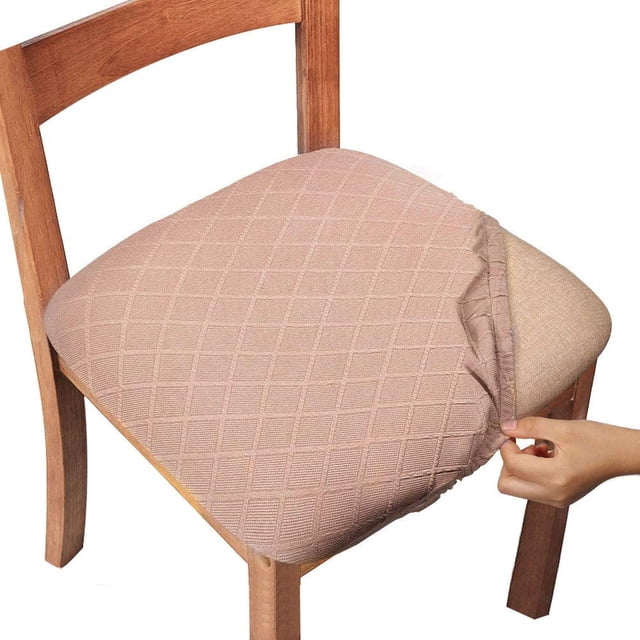 Chair Seat Covers, Dining Room Chair Seat Covers with Ties, Stretch Jacquard Chair Covers Protectors for Dining Room Kitchen Chairs - Set of 4, Rhombic, Camel