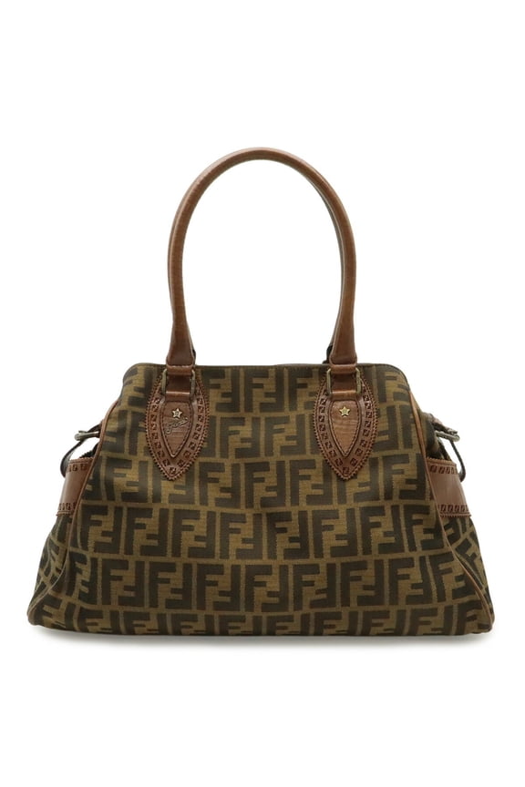 Pre-Owned FENDI Zucca Etnico Tote Bag/Shoulder Bag, Nylon Jacquard Leather, Khaki Brown/Dark...