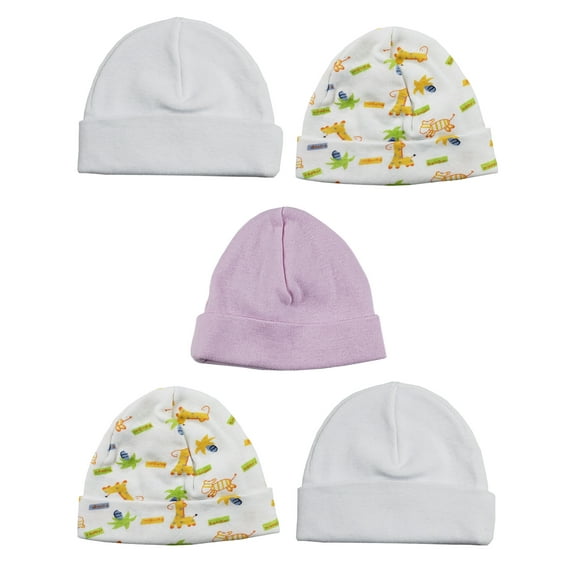 Set of 5 8" White, Yellow, and Purple Giraffe Pattern Whimsical Girls' Beanie Baby Cap