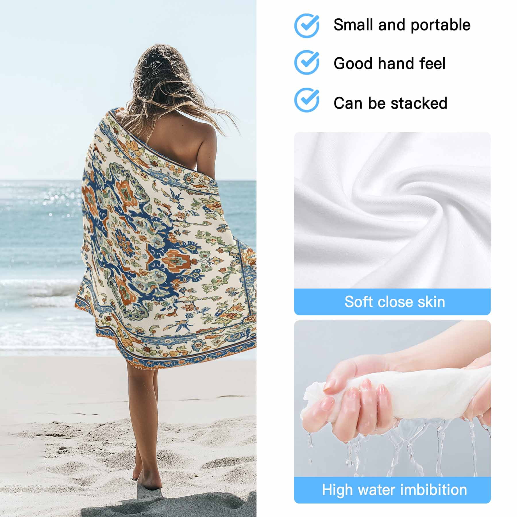 Boho Vintage Beach Towels Blanket Soft&Absorbent Quick Dry Microfiber Ethnic Tribal Aztec Floral Pattern Pool Towels for Swimming ,Yoga, Sports, Gym, Camping,Large 30X60in, Beige