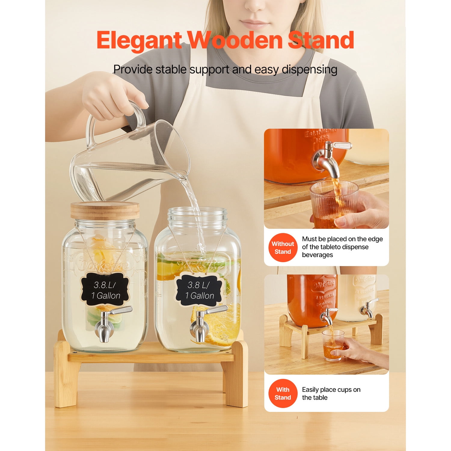 KFFKFF Set of 2 Glass Beverage Dispensers with Wooden Stand, 1-Gallon Capacity, Stainless Steel Spigot, and Infuser – Ideal for Serving Juice, Iced Tea, Lemonade, or Water at Gatherings