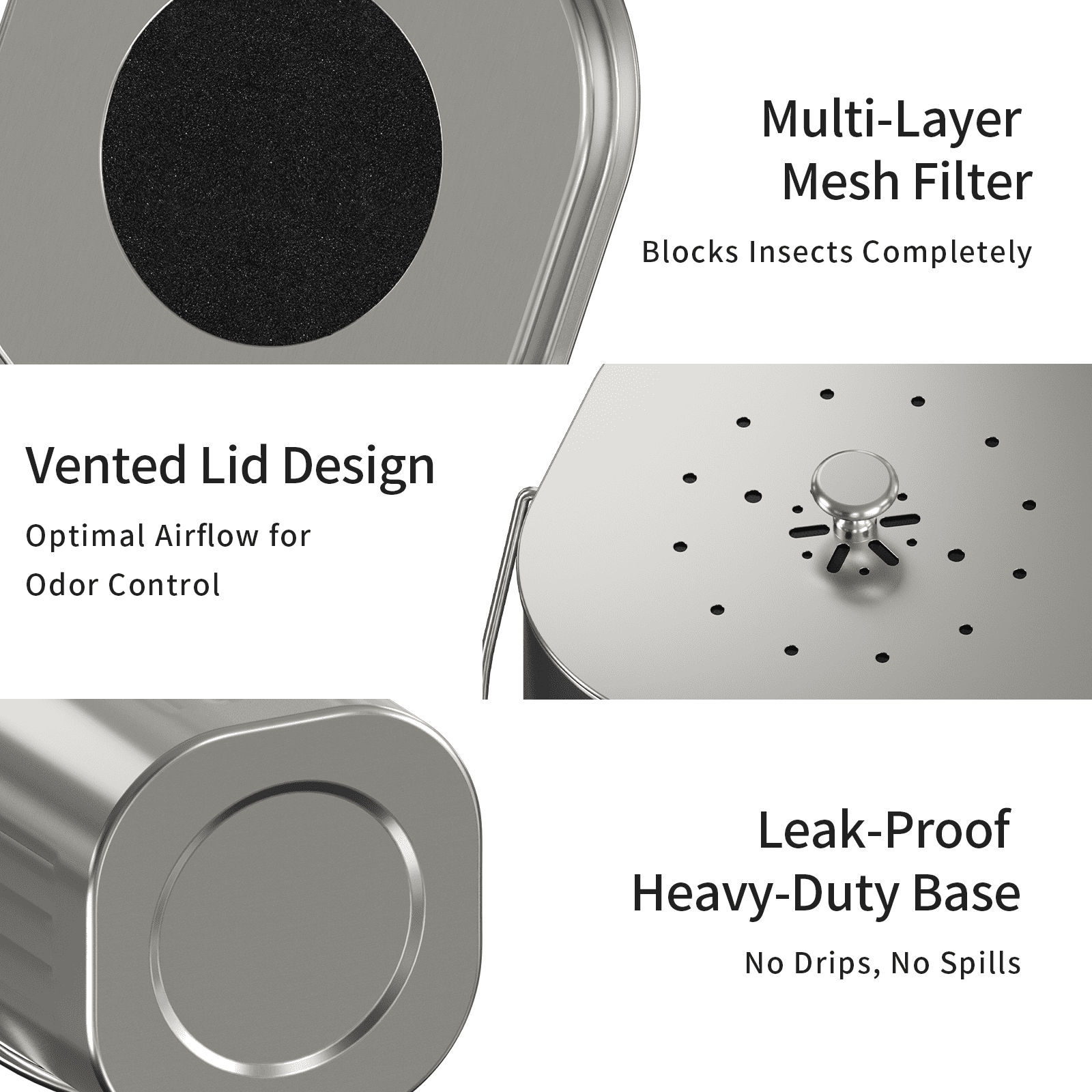 Mrbin All Stainless Steel Compost Bin Kitchen Countertop Trash Can with Lid and Charcoal Filter, Metal Small Indoor Rubbish Dustbin for Food Waste Recycle