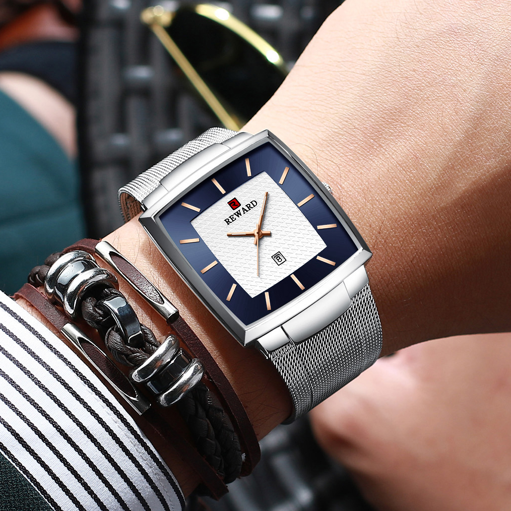 Watches Square Analog Quartz Stainless Steel Watches for Men Mesh Strap Waterproof Business Military Sport Wrist Watch with Date