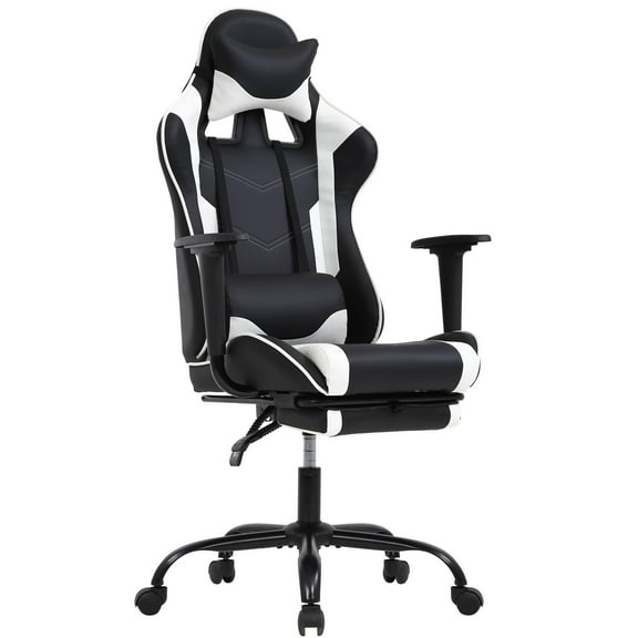 PayLessHere White Gaming Office Chair - Ergonomic PU Leather w/Lumbar Support & Footrest,Rolling Swivel