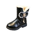 thumbnail image 2 of Girls Ankle Snow Boots Fleece Lined Bow Decor Faux Leather Snow Booties Kids Winter Warm Platform Boots Black 2.5 Big Kids, 2 of 7