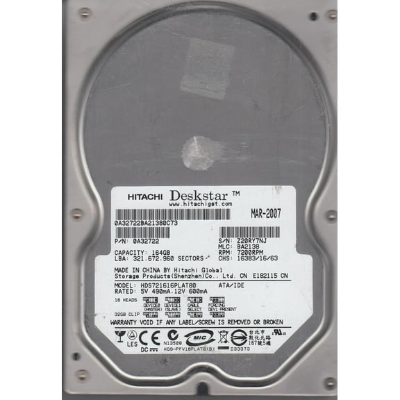 HDS721616PLAT80, PN 0A32722, MLC BA2138, Hitachi 160GB IDE 3.5 Hard Drive