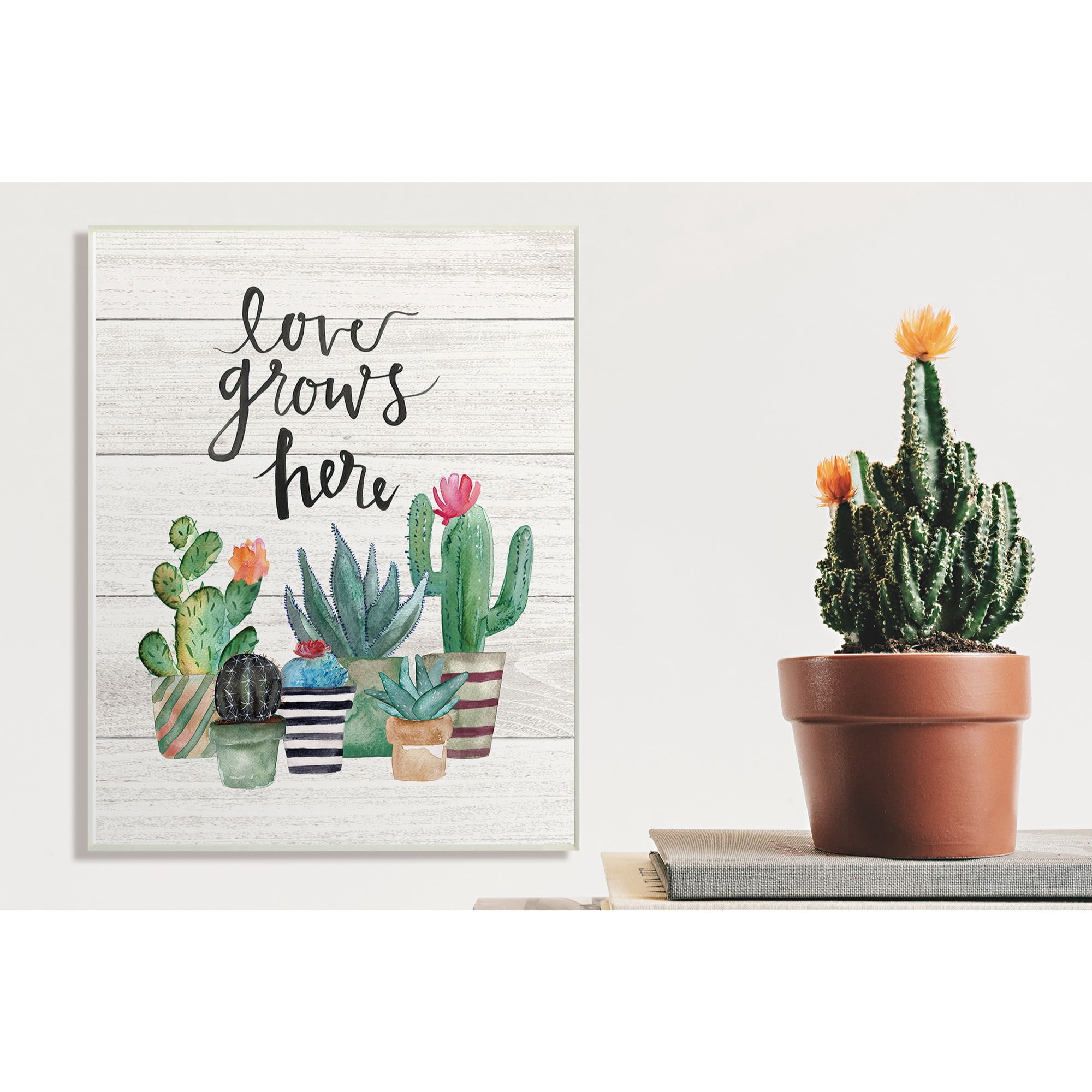 The Stupell Home Decor Collection Love Grows Here Cactus Succulents Watercolor Wall Plaque Art, 10 x 0.5 x 15