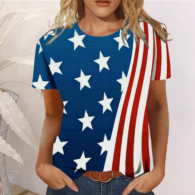 Hauts d'Été Grande Taille pour Femmes Manches Courtes Hauts d'Été Décontractés Col Rond Manches Courtes T-Shirts Imprimé Drapeau Ajusté Basiques Hauts Tees Blouses T-Shirt Col en V Femmes en Liquidation