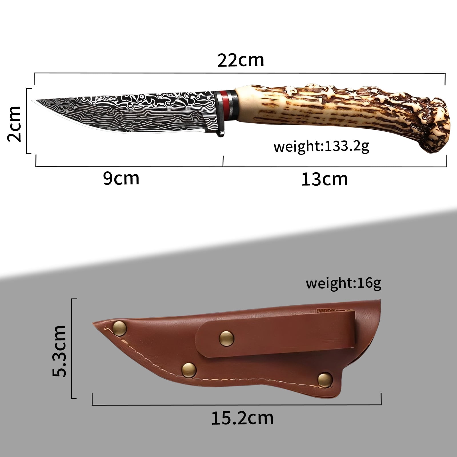 Hunting Knife with Leather Sheath - Ideal for Chopping, Camping Outdoor - Fixed Blade Bushcraft Knife - Gift for Men