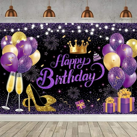 7x5FT Glitter Black Purple Golden Happy Birthday Party Beautiful Backdrop Photo Background Cloth Happy Birthday Sign Banner Decoration Supplies for Women Girl