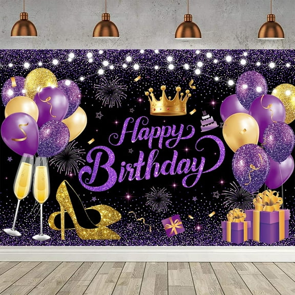 7x5FT Glitter Black Purple Golden Happy Birthday Party Beautiful Backdrop Photo Background Cloth Happy Birthday Sign Banner Decoration Supplies for Women Girl