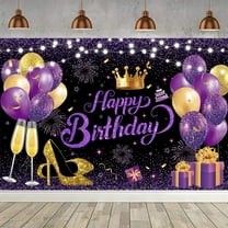 7x5FT Glitter Black Purple Golden Happy Birthday Party Beautiful Backdrop Photo Background Cloth Happy Birthday Sign Banner Decoration Supplies for Women Girl