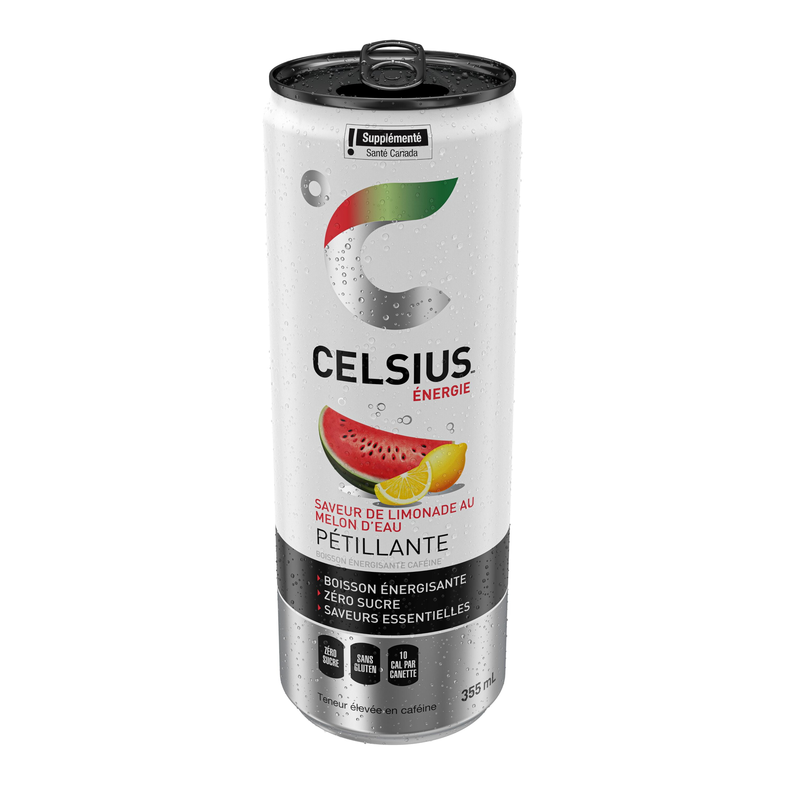 Celsius Water Lemonade Energy Drink 355 mL, Can, Taste summertime every time with the perfect fusion of juicy watermelon and freshly squeezed lemonade in CELSIUS Sparkling Watermelon Lemonade. Zero sugar per 355ml can.​